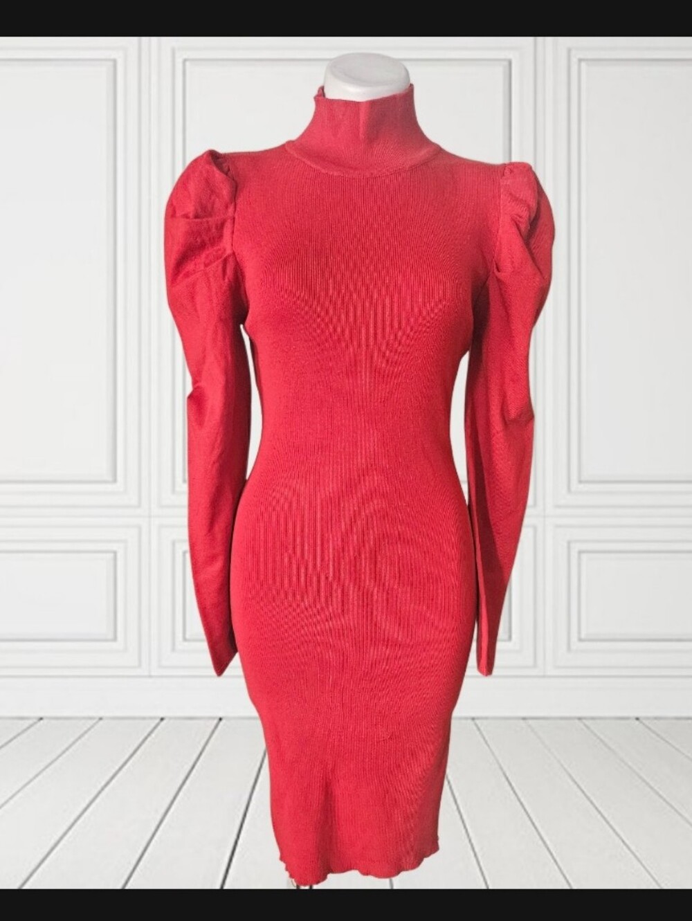 New Look Red Turtleneck Poly/ Spandex Bodycon Dress with Puff Sleeves XL